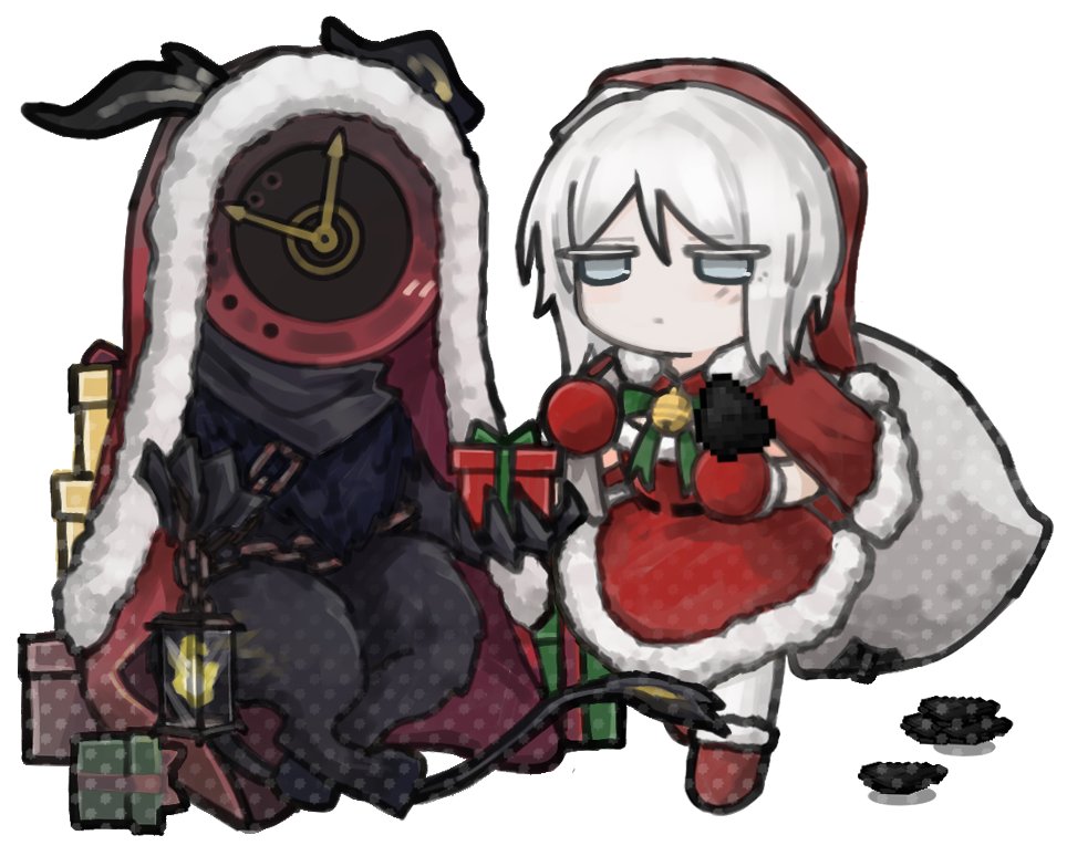 1girl, 1other, blue_eyes, blush, boots, capelet, chibi, clock