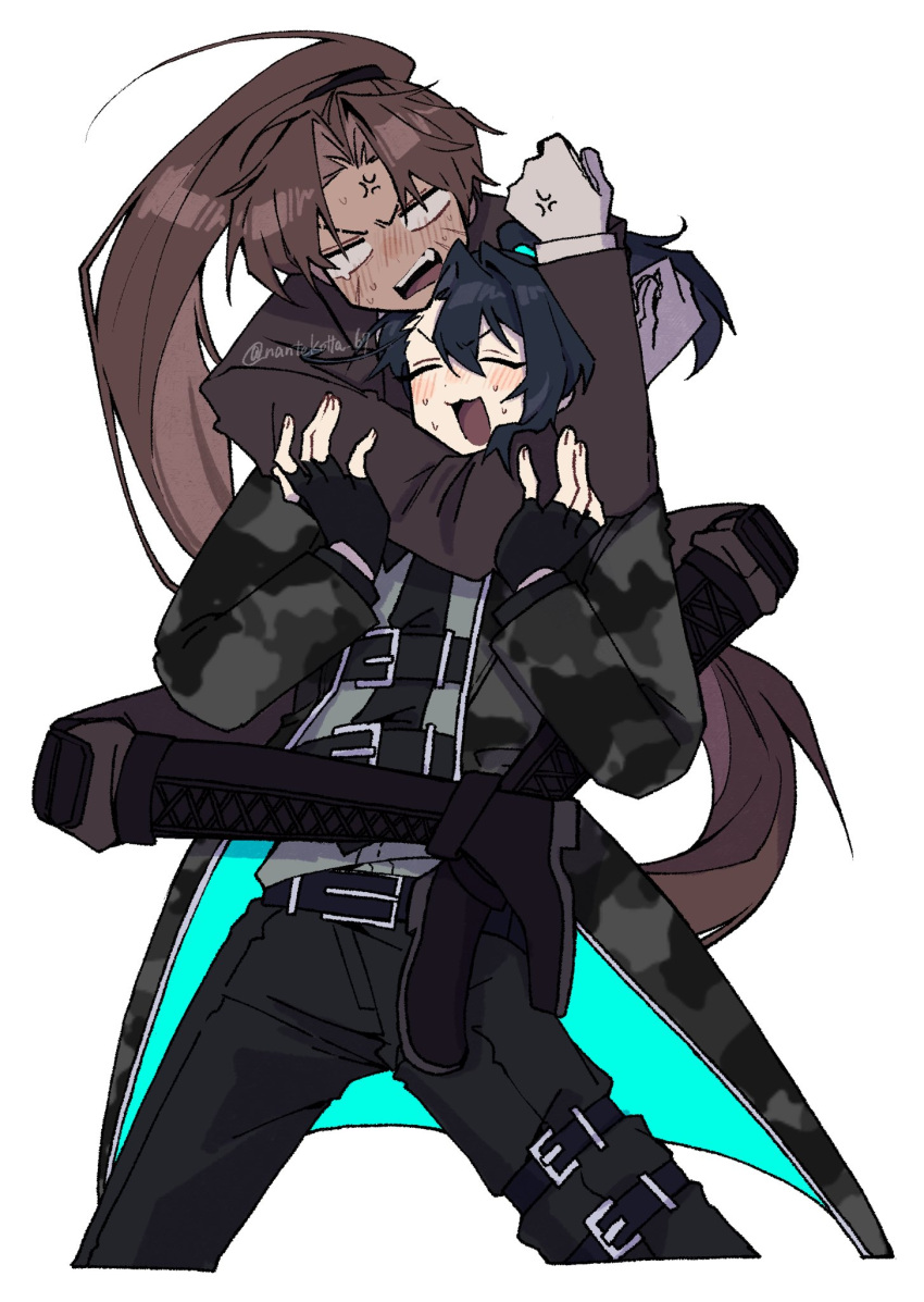 2boys, anger_vein, angry, black_boots, black_coat, black_gloves, black_jacket, blush