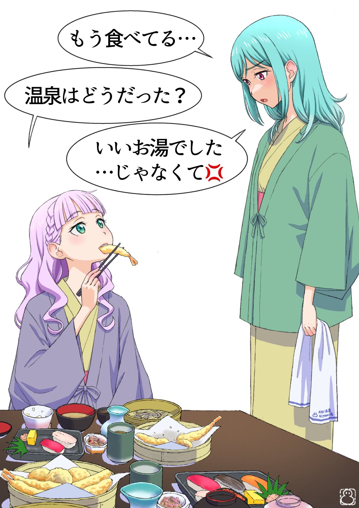 2girls, alternate_costume, blue_eyes, chopsticks, commentary_request, cup, eating, food