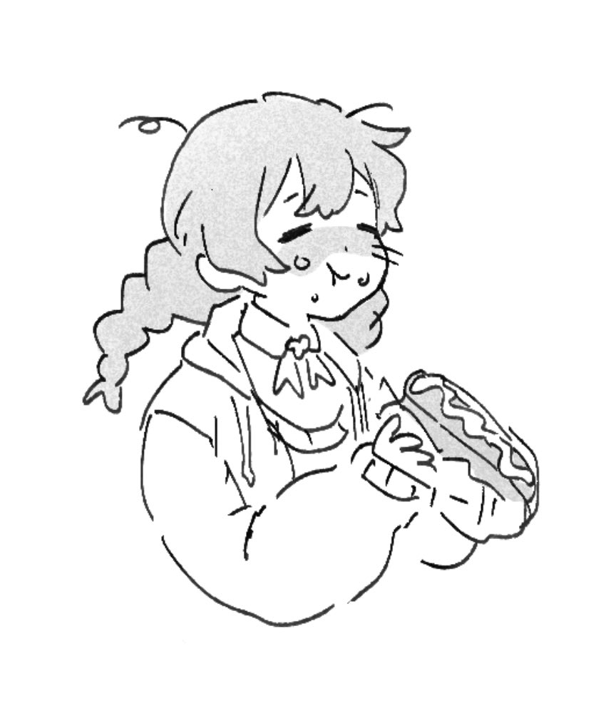 1girl, braid, closed_eyes, commentary, cropped_torso, eating, english_commentary, food, food_on_face, gigantic_drive, greyscale, holding, holding_food, hood, hood_down, hoodie, hot_dog, long_hair, long_sleeves, misaki_nanao, monochrome, neck_ribbon, nyuunai, open_clothes, open_hoodie, ribbon, solo, twin_braids
