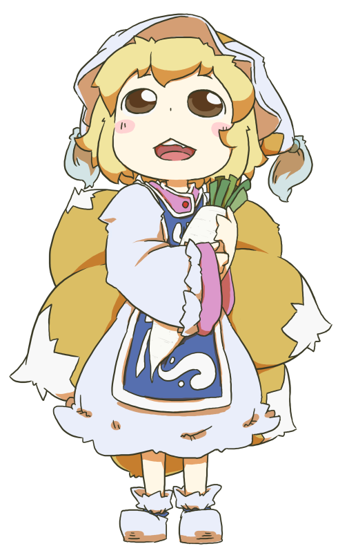 blonde_hair, blue_dress, blush_stickers, brown_eyes, carrying, chibi, child, daikon