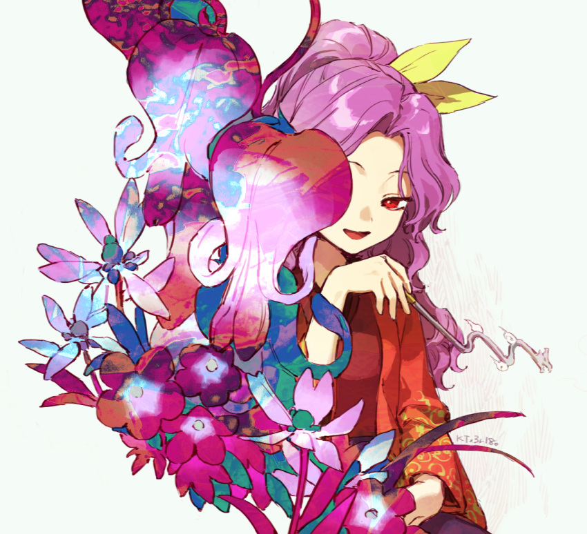 1girl, bleeding_heart_(flower), flower, flower_over_eye, high_ponytail, holding, holding_smoking_pipe, japanese_clothes