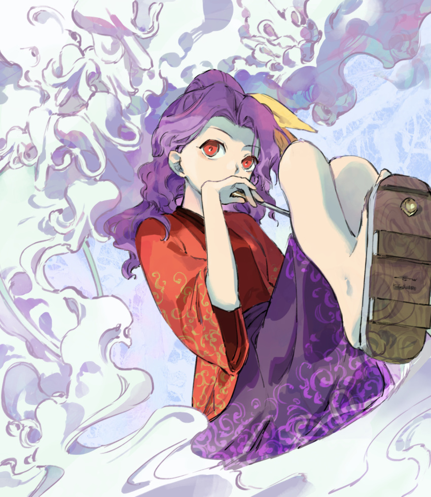 1girl, bleeding_heart_(flower), bow, commentary, covering_own_mouth, crossed_legs, curly_hair, flower