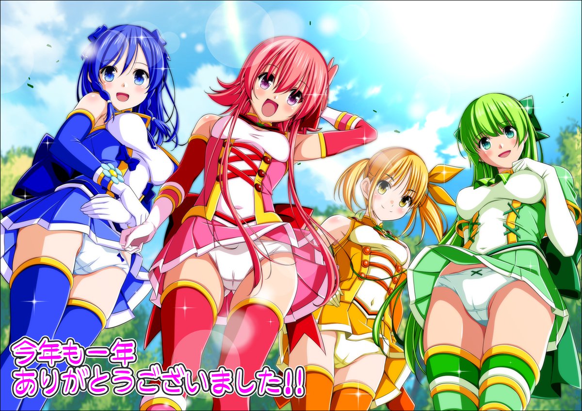 4girls, back_bow, blonde_hair, blue_bow, blue_dress, blue_eyes, blue_hair, blue_hairband