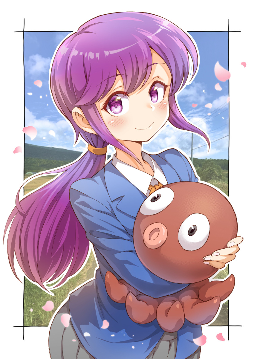 1girl, absurdres, blazer, blue_jacket, border, closed_mouth, commentary_request, grey_skirt