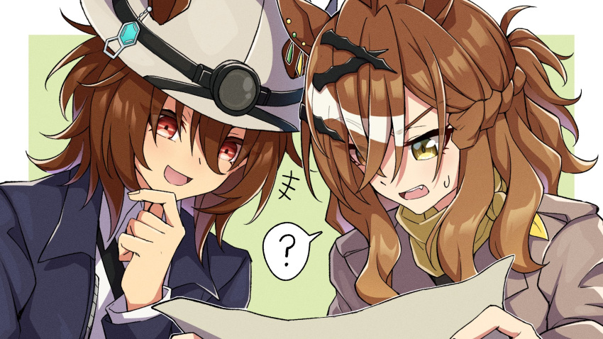 2girls, ?, agnes_tachyon_(umamusume), animal_ears, bandana, bandana_around_neck, black_jacket, black_necktie