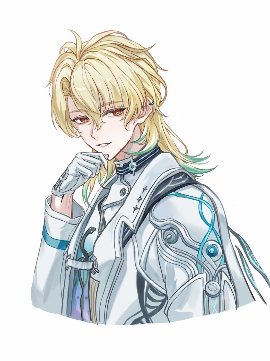 1boy, blonde_hair, commentary_request, gloves, hair_between_eyes, hand_up, highres, jacket