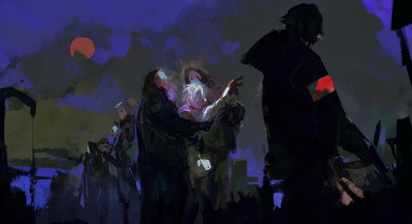 4boys, arknights, armband, carrying, clouds, coat, commentary, dark