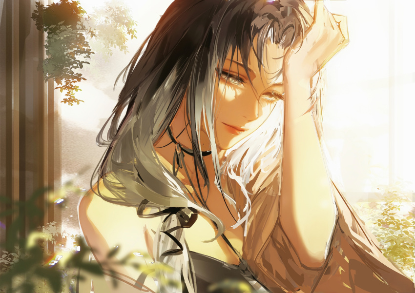 1girl, absurdres, adjusting_hair, angell_(path_to_nowhere), black_hair, blurry, blurry_background, brown_cardigan, cardigan, chinese_commentary, collarbone, commentary, curtained_hair, expressionless, gradient_hair, grey_hair, half-closed_eyes, highres, indoors, leaf, lens_flare, multicolored_hair, off_shoulder, official_alternate_costume, open_cardigan, open_clothes, path_to_nowhere, qingci, single_bare_shoulder, solo, upper_body, waking_up, yellow_eyes