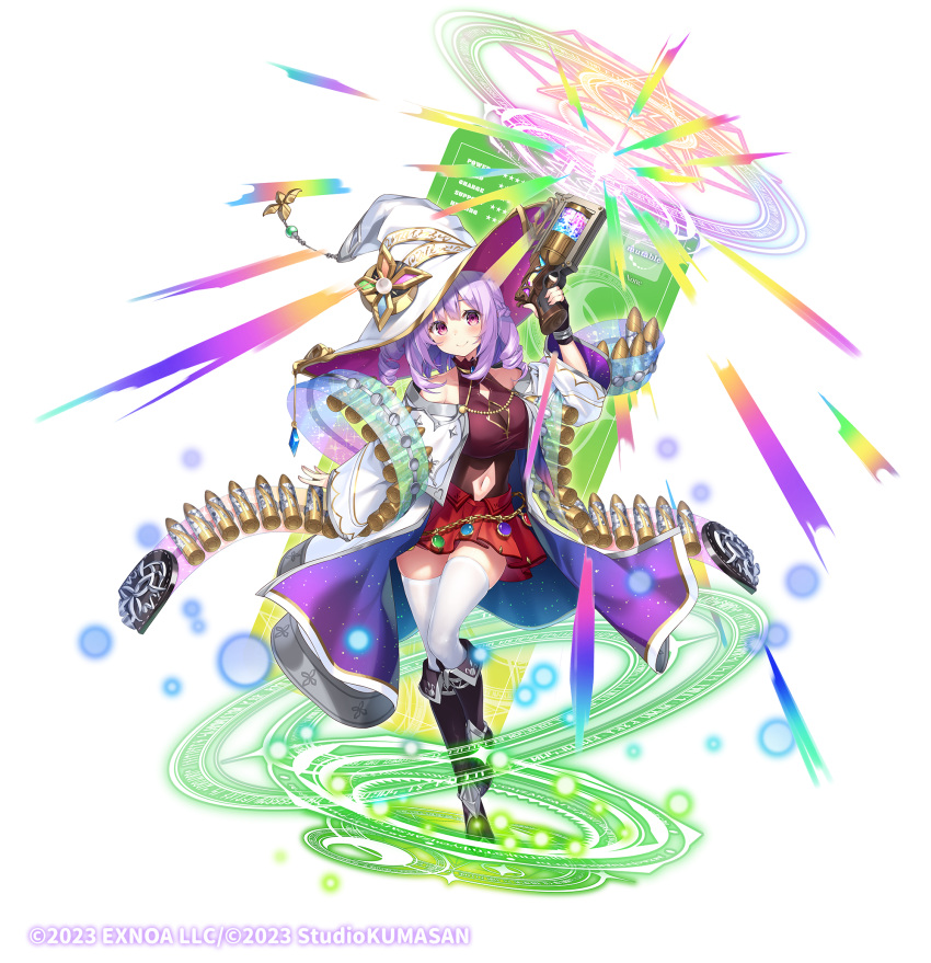 1girl, black_boots, boots, bullet, clothing_cutout, gun, hat, highres, holding, holding_gun, holding_weapon, lilia_(twinkle_star_knights), mafuyun, miniskirt, navel, navel_cutout, official_art, purple_hair, red_skirt, skirt, thigh-highs, twinkle_star_knights, violet_eyes, weapon, white_thighhighs, witch_hat