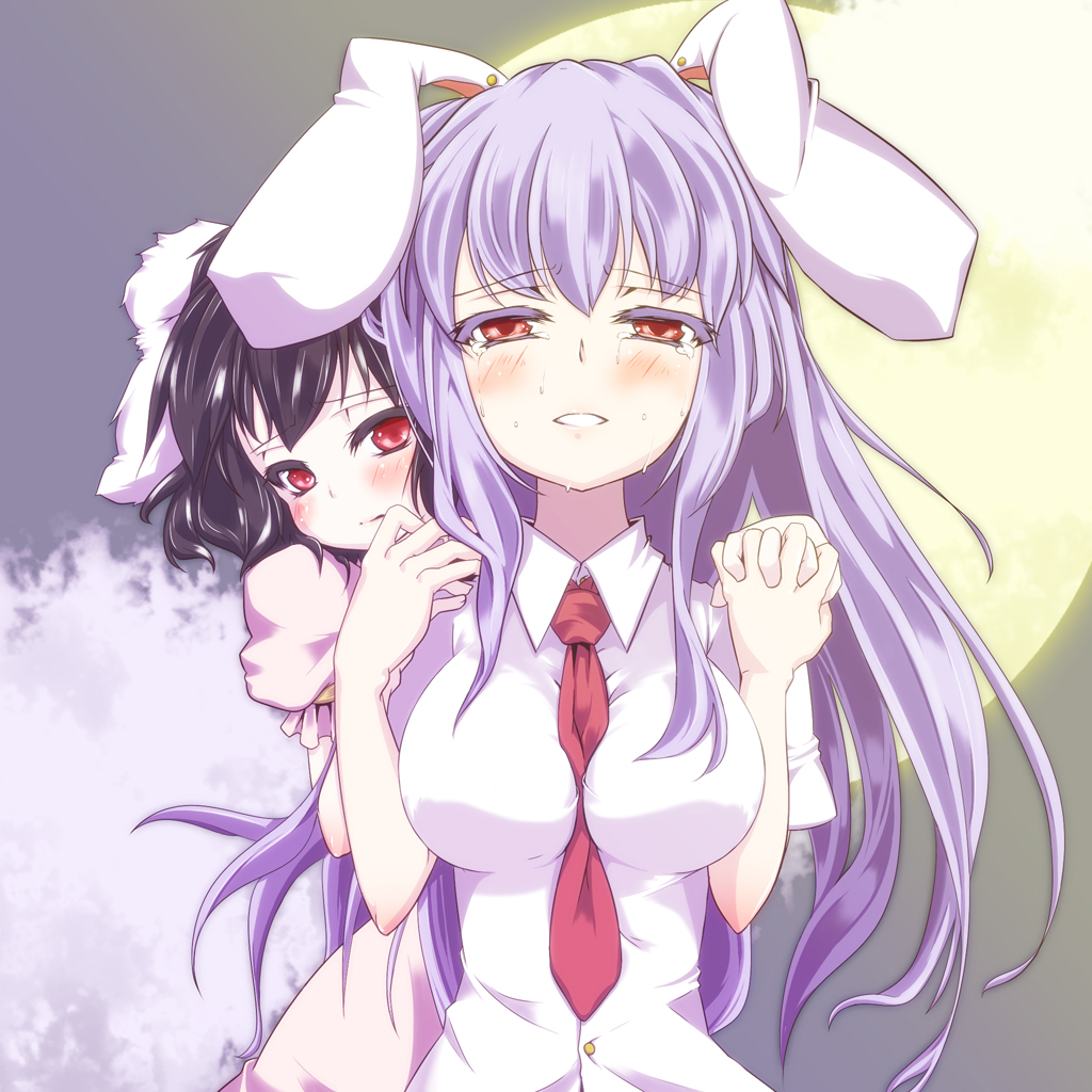 animal_ears, between_breasts, black_hair, blush, breasts, bunny_ears, bust, commentary