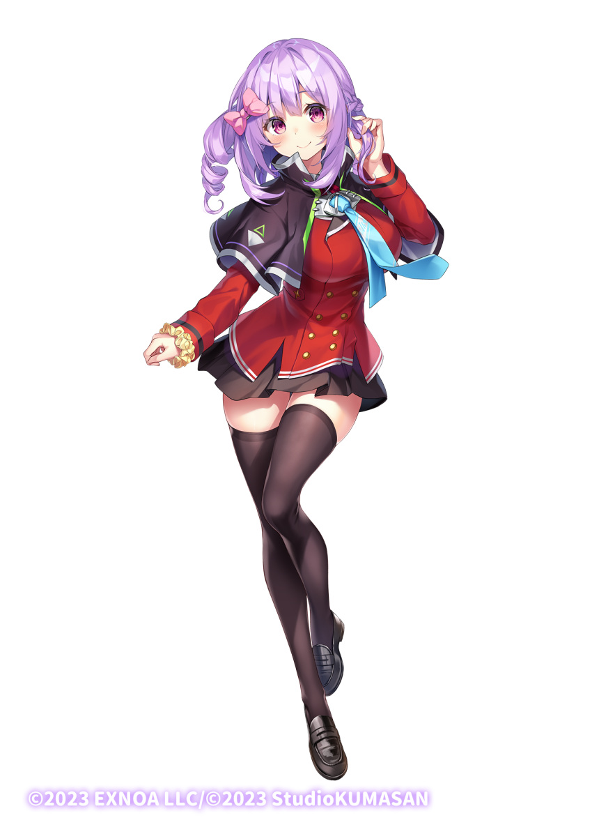 1girl, aqua_necktie, black_capelet, black_shoes, black_skirt, black_thighhighs, blazer, bow, capelet, hair_bow, highres, jacket, lilia_(twinkle_star_knights), loafers, mafuyun, miniskirt, necktie, official_art, pink_bow, purple_hair, shoes, skirt, smile, thigh-highs, twinkle_star_knights, violet_eyes