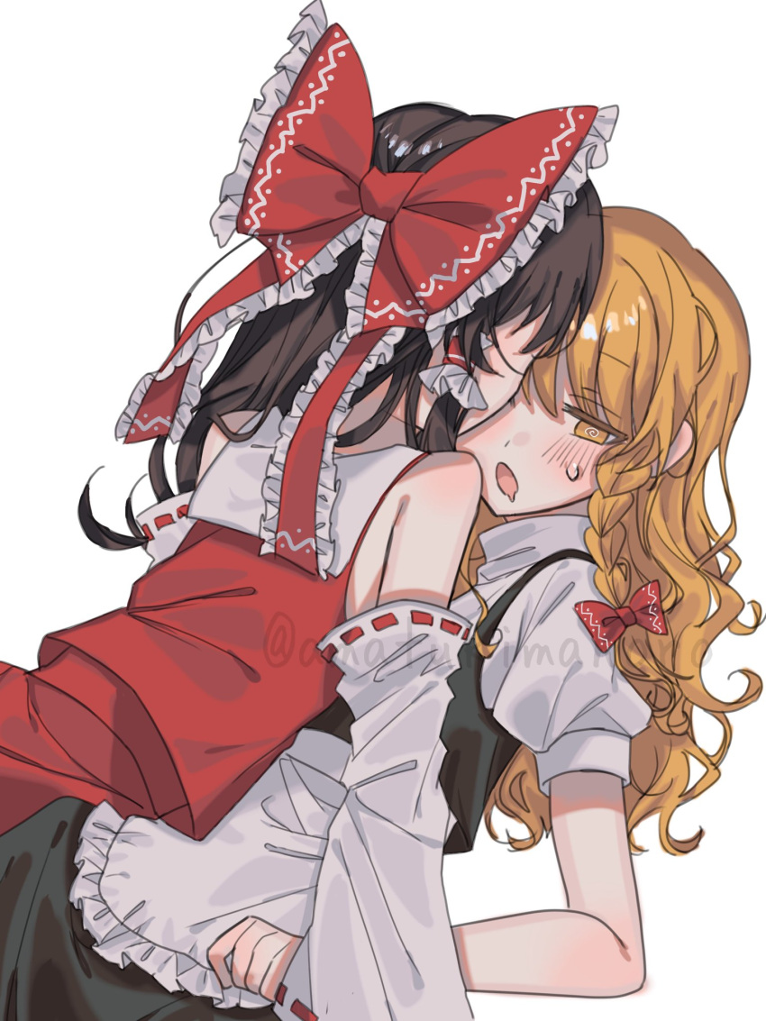 2girls, amatukimahoro, apron, bare_shoulders, black_skirt, black_vest, blonde_hair, blush, bow, braid, brown_hair, detached_sleeves, frilled_bow, frilled_hair_tubes, frills, girl_on_top, hair_bow, hair_tubes, hakurei_reimu, highres, kirisame_marisa, multiple_girls, puffy_sleeves, red_bow, red_shirt, red_skirt, ribbon-trimmed_sleeves, ribbon_trim, shirt, side_braid, single_braid, skirt, skirt_set, touhou, turtleneck, vest, waist_apron, white_background, white_shirt, yellow_eyes, yuri