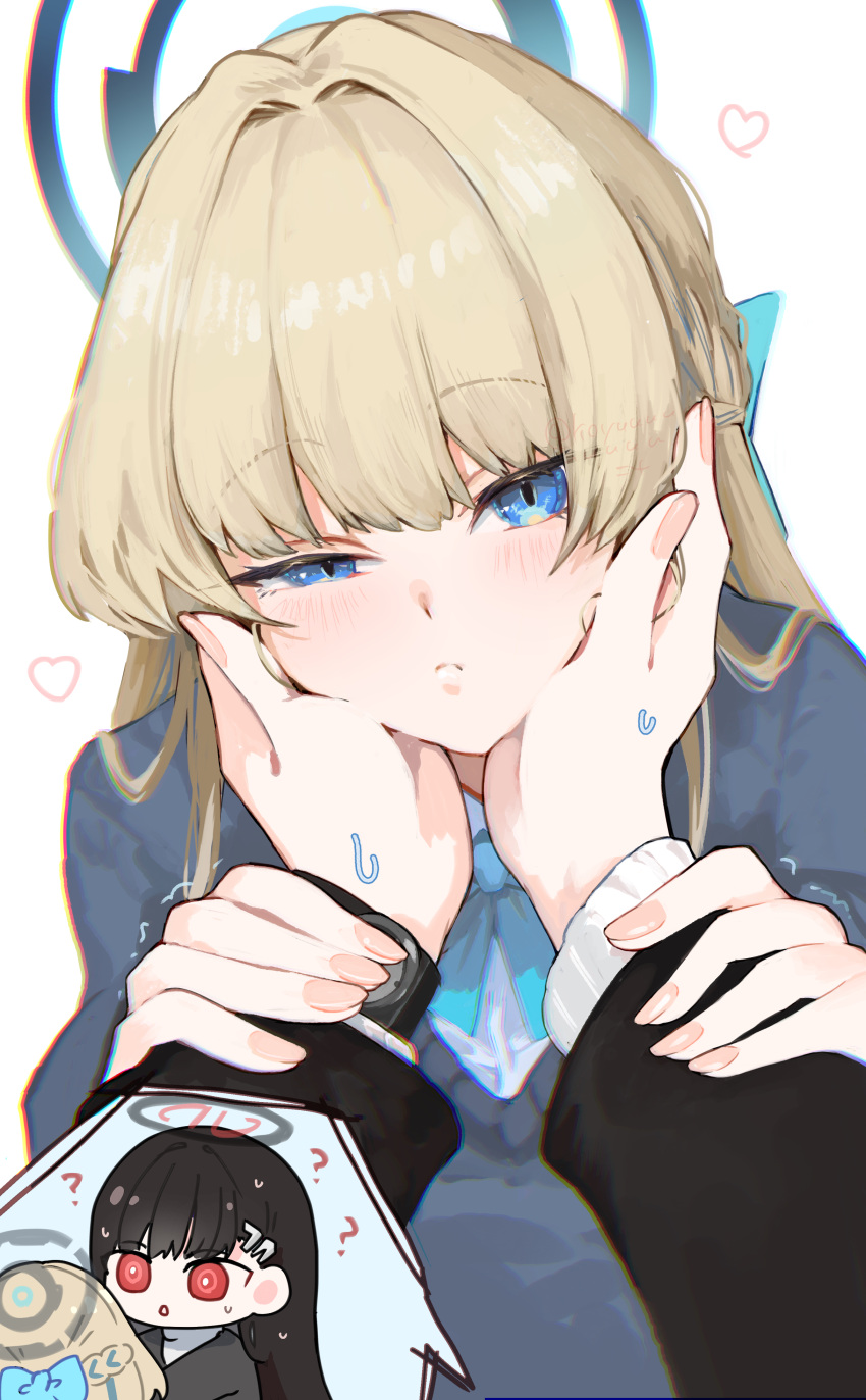 2girls, ?, absurdres, black_hair, blonde_hair, blue_archive, blue_cardigan, blue_eyes