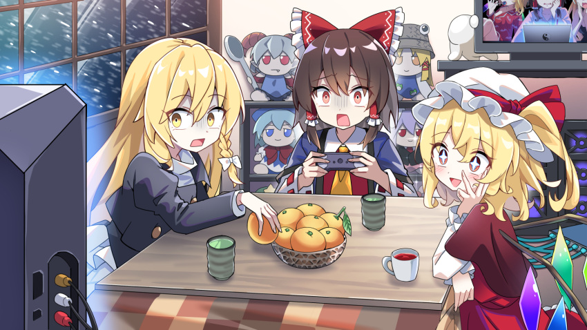 +_+, 3girls, ascot, black_jacket, blonde_hair, blush, bow, braid, brown_hair, cirno, commentary_request, controller, crystal, crystal_wings, cup, e.o., flandre_scarlet, food, frilled_bow, frilled_hair_tubes, frills, fruit, fumo_(doll), game_controller, green_tea, hair_bow, hair_tubes, hakurei_reimu, hat, highres, holding, holding_controller, holding_game_controller, indoors, jacket, kirisame_marisa, kotatsu, long_hair, mandarin_orange, mob_cap, monitor, moriya_suwako, multicolored_wings, multiple_girls, no_headwear, one_side_up, open_mouth, playing_games, playing_video_games, red_bow, red_eyes, reisen_udongein_inaba, ribbon-trimmed_sleeves, ribbon_trim, side_braid, single_braid, smile, sparkle, table, tea, teacup, touhou, toutetsu_yuuma, under_kotatsu, under_table, white_bow, white_hat, wings, yellow_eyes, yunomi