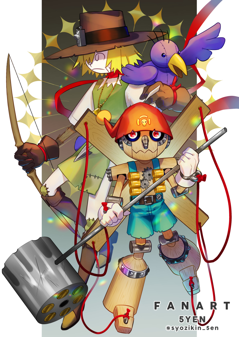5-en, blonde_hair, blue_overalls, boots, bow_(weapon), brown_boots, commentary_request, digimon