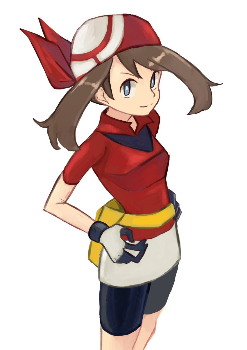 1girl, bandana, bike_shorts, bike_shorts_under_shorts, black_shoes, blue_eyes, breasts, brown_hair