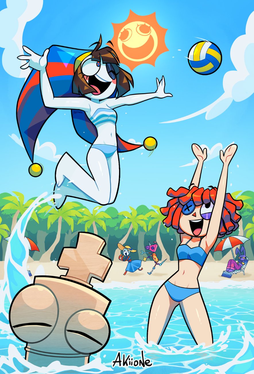 animal_ears, ball, beach, bikini, blue_bikini, blue_skirt, blue_sky, blush_stickers, brown_hair, closed_eyes, clouds, commentary, english_commentary, gangle_(the_amazing_digital_circus), hands_up, harlequin, hat, highres, jax_(the_amazing_digital_circus), jester_cap, jumping, kinger_(the_amazing_digital_circus), long_skirt, ocean, open_mouth, overalls, palm_tree, playing, pomni_(the_amazing_digital_circus), rabbit_boy, rabbit_ears, ragatha_(the_amazing_digital_circus), ragdoll, red_hair, running, seaside, short_hair, sidelocks, skirt, sky, smile, swimsuit, the_amazing_digital_circus, tree, volleyball, volleyball_(object), water, yoyochaan, zooble_(the_amazing_digital_circus)