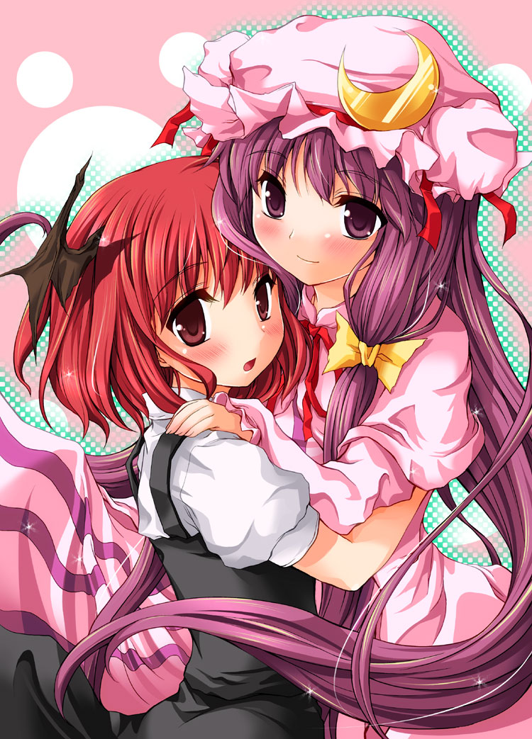 blush, koakuma, long_hair, multiple_girls, patchouli_knowledge, purple_eyes, purple_hair, red_eyes