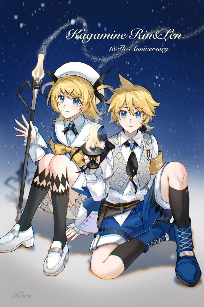 1boy, 1girl, absurdres, alternate_costume, anniversary, black_necktie, black_socks, blonde_hair