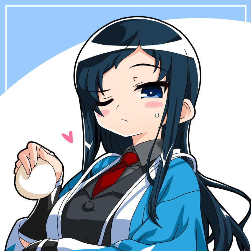 1girl, armor, black_hair, black_jacket, blue_eyes, blue_haori, blush_stickers, breasts