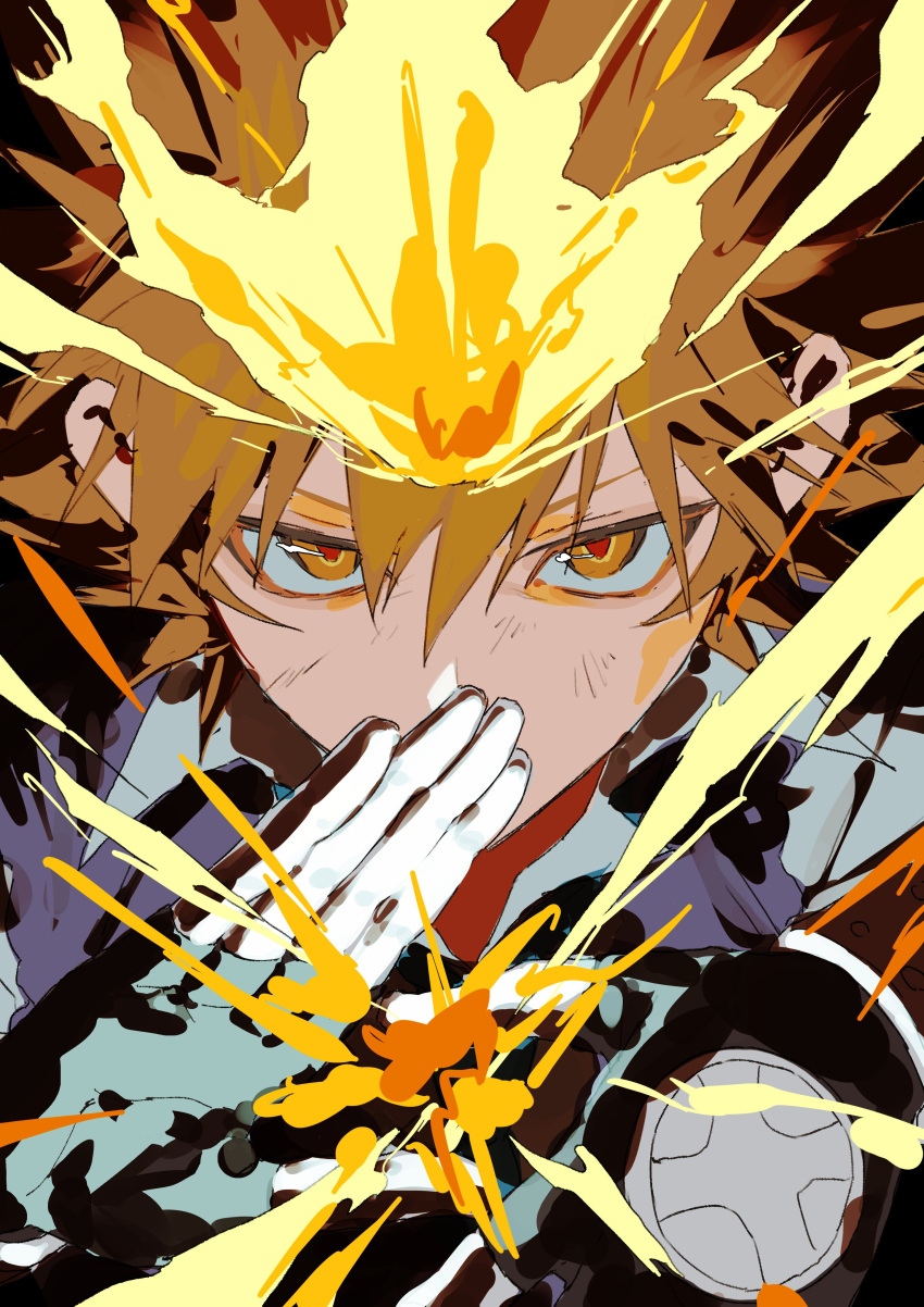 1boy, 333takoyaki, absurdres, arm_up, black_gloves, brown_hair, collared_shirt, commentary_request