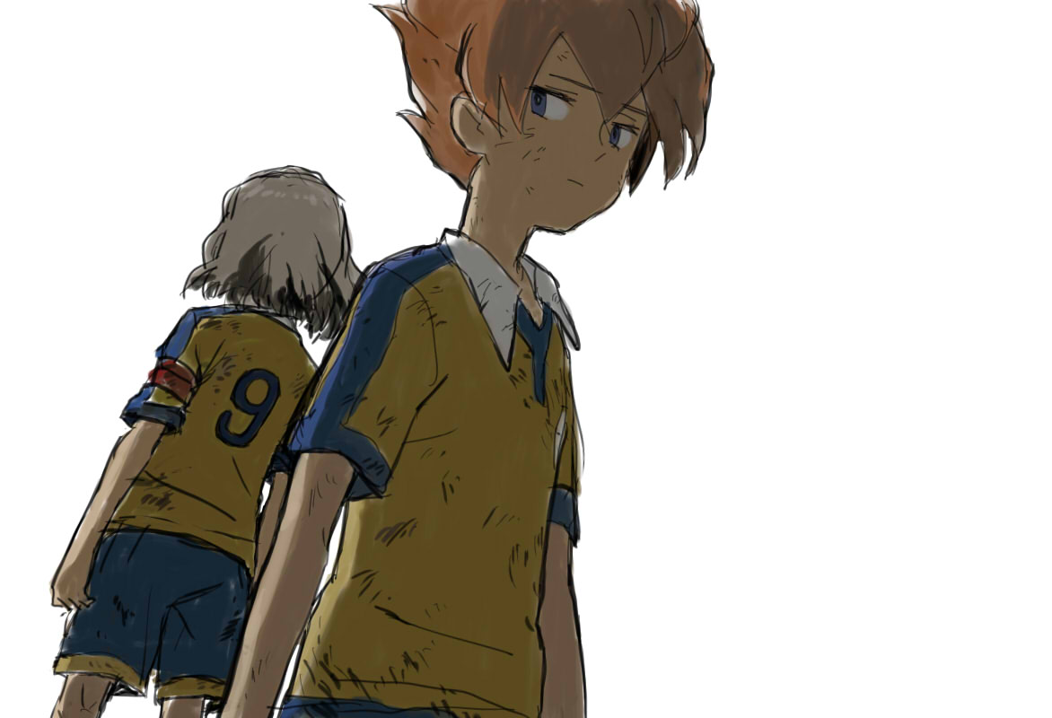 armband, back-to-back, bad_id, blue_eyes, brown_hair, inazuma_eleven, inazuma_eleven_(series), inazuma_eleven_go, kotatsuice, matsukaze_tenma, multiple_boys, raimon, shindou_takuto, short_hair, soccer_uniform