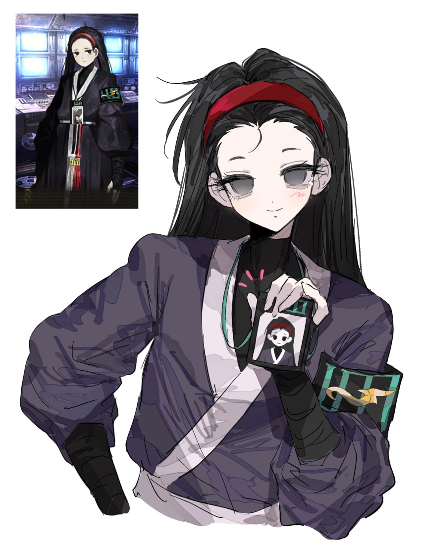 1girl, aeng-du_(project_moon), anzekeye, armband, black_shirt, blue_coat, blush, closed_mouth