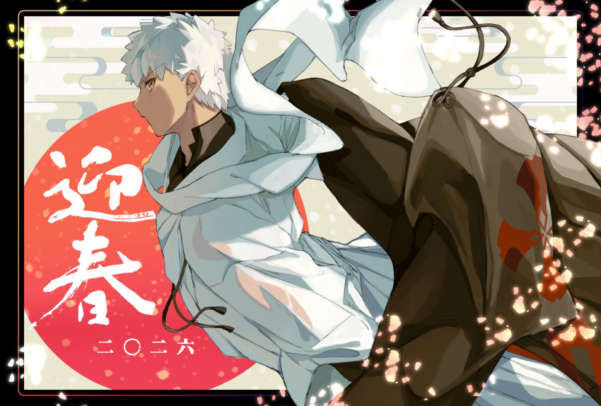 1boy, black_haori, commentary_request, dark-skinned_male, dark_skin, emiya_shirou, falling_petals, fate/grand_order