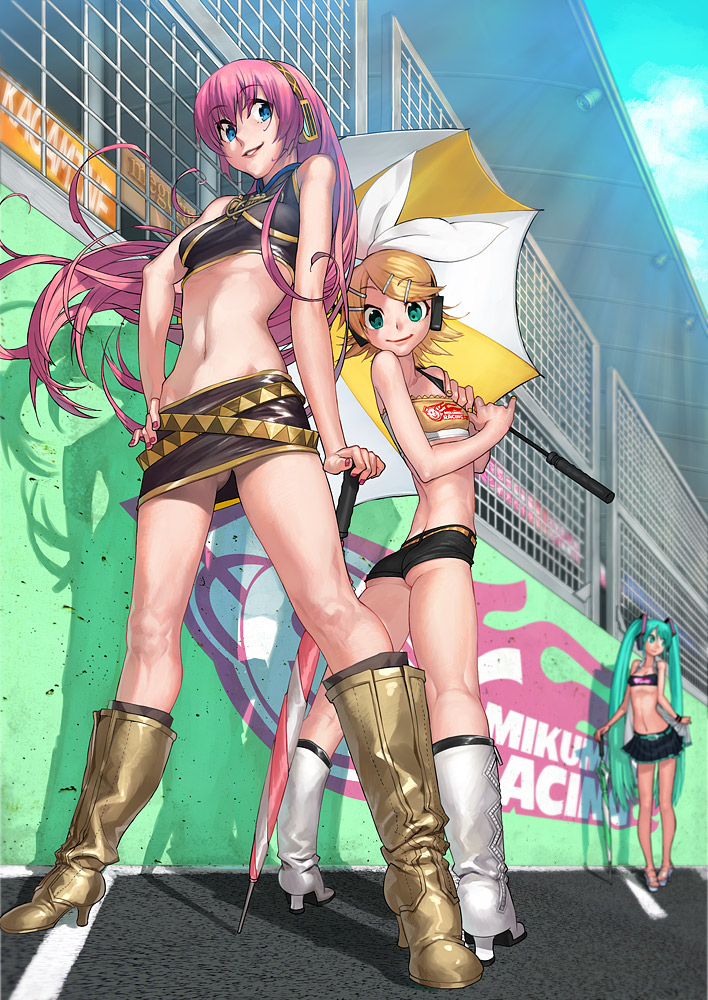 adapted_costume, aqua_eyes, ass, blonde_hair, blue_eyes, boots, flat_chest, goodsmile_company, hair_ornament, hair_ribbon, hairclip, hatsune_miku, headphones, kagamine_rin, kazeto, legs, long_hair, looking_at_viewer, looking_back, megurine_luka, midriff, miniskirt, multiple_girls, navel, pink_hair, race_queen, racequeen, ribbon, short_hair, short_shorts, shorts, skirt, smile, taut_shirt, umbrella, very_long_hair, vocaloid