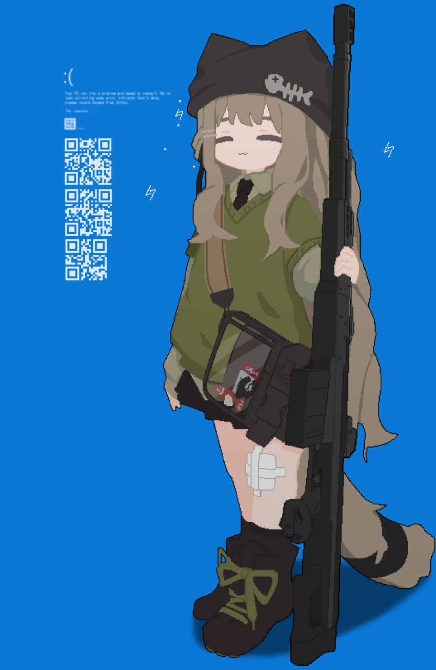 1girl, :3, absurdres, bag, black_boots, black_hat, black_skirt, blue_screen_of_death