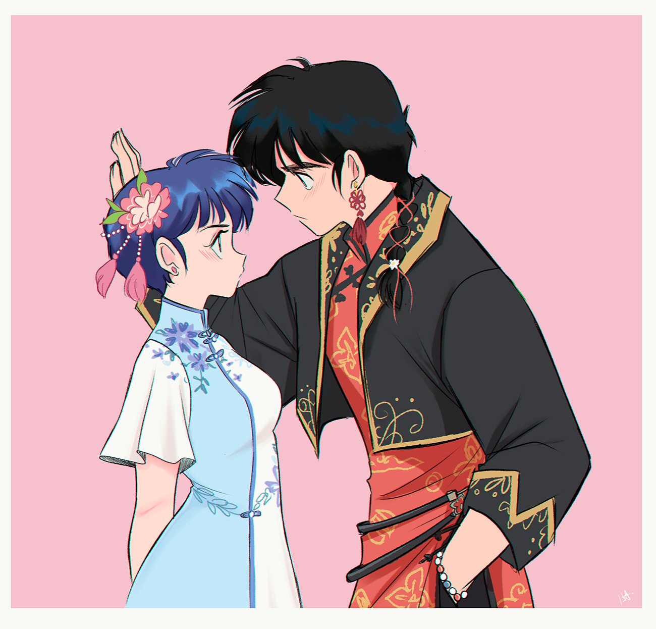 1boy, 1girl, arms_behind_back, bead_bracelet, beads, black_hair, black_jacket, blue_dress, blue_hair, blush, border, bracelet, braid, breasts, cropped_jacket, dress, flower, flower_knot, gold_trim, hair_flower, hair_ornament, hair_over_shoulder, hand_in_pocket, highres, isabel_(chabeescalante), jacket, jewelry, kabedon, knot_earrings, long_hair, looking_at_another, medium_breasts, pink_background, ranma_1/2, red_shirt, saotome_ranma, shirt, short_hair, short_sleeves, single_braid, tassel, tassel_hair_ornament, tendou_akane, white_border, white_sleeves