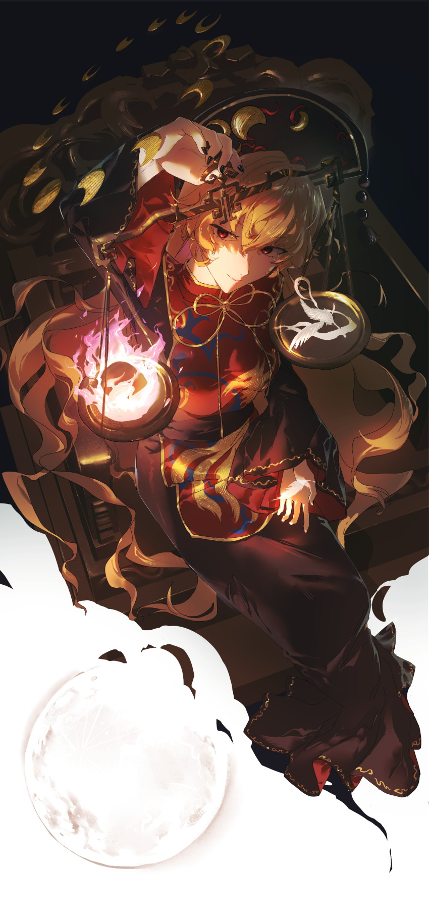 1girl, absurdres, black_dress, black_nails, blonde_hair, chinese_clothes, closed_mouth, commentary