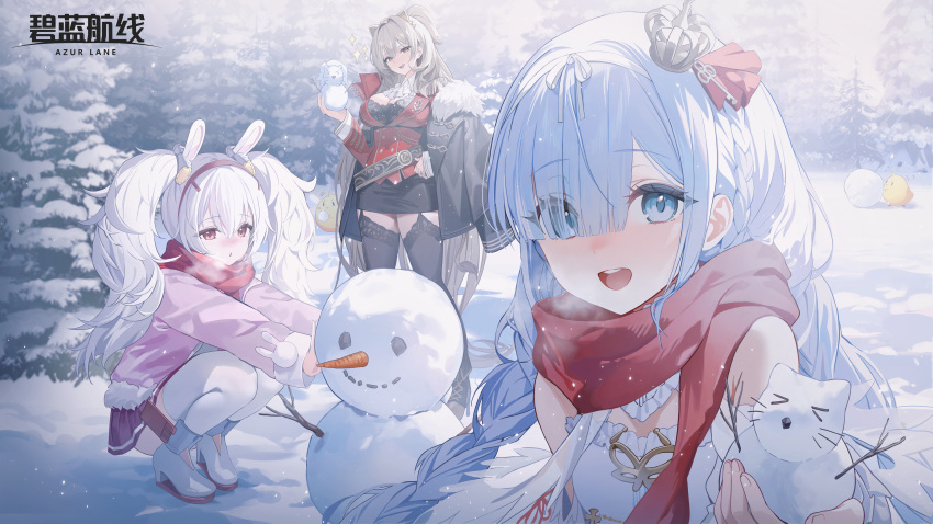 absurdres, animal_ears, azur_lane, belt, black_skirt, blonde_hair, blue_eyes, blue_hair, breasts, carrot, coat, crown, fur-trimmed_coat, fur_trim, highres, incredibly_absurdres, janus_(azur_lane), laffey_(azur_lane), lion_(azur_lane), long_hair, manjuu_(azur_lane), mini_crown, rabbit_ears, red_eyes, red_scarf, scarf, skirt, smile, snow, snowball, snowman, thigh-highs, twintails, whiskers, white_hair