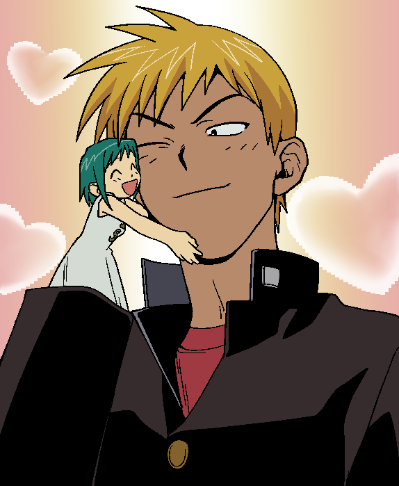 1boy, 1girl, black_jacket, blonde_hair, closed_eyes, closed_mouth, dark-skinned_male, dark_skin