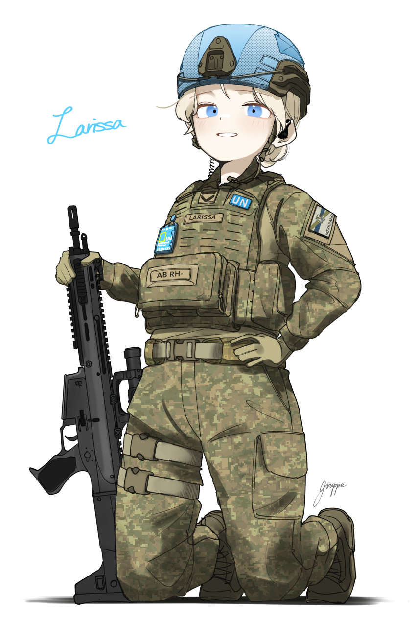 1girl, absurdres, army, assault_rifle, camouflage, combat_helmet, digital_camouflage, gruppe