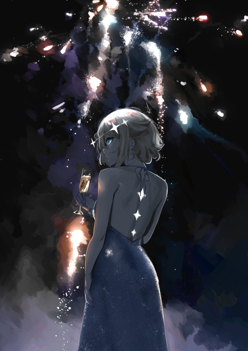 1girl, absurdres, alcohol, back, bare_shoulders, blonde_hair, blue_dress, blue_eyes