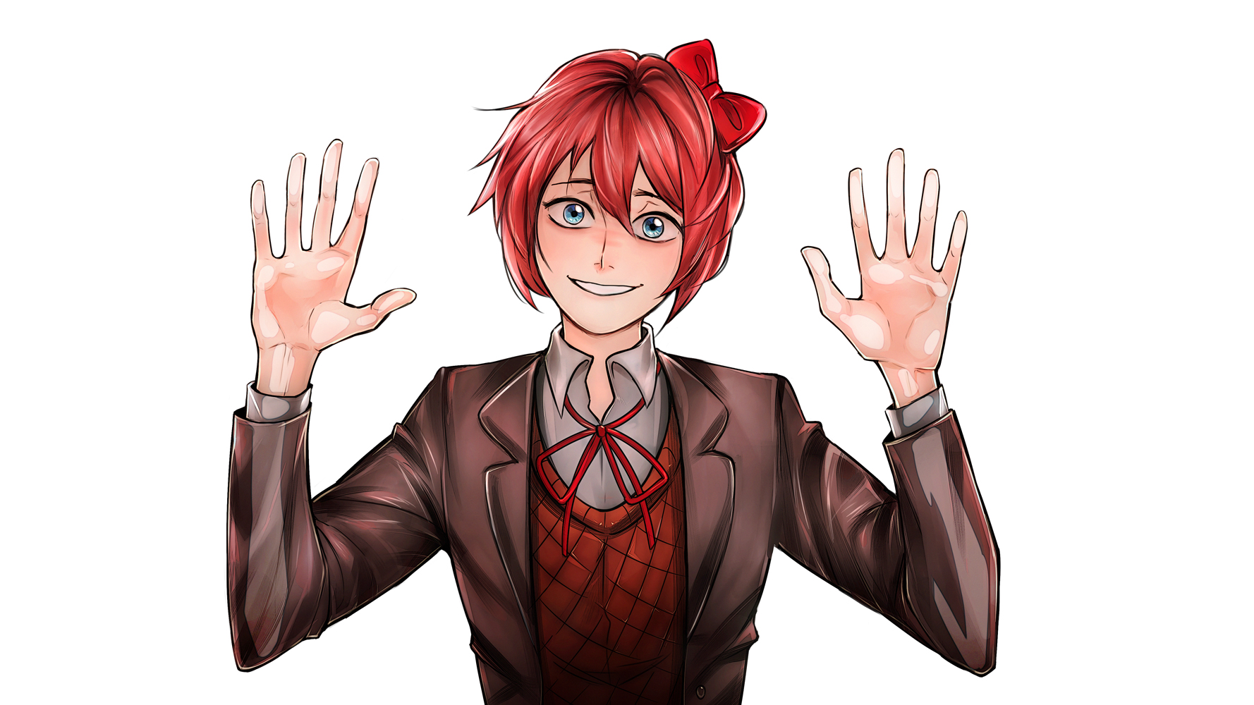 blue_eyes, bow_in_hair, doki_doki_literature_club, hands_against_glass, looking_at_viewer, pink_hair, red_bow, sayori_(doki_doki_literature_club), smile, wide-eyed, yandere