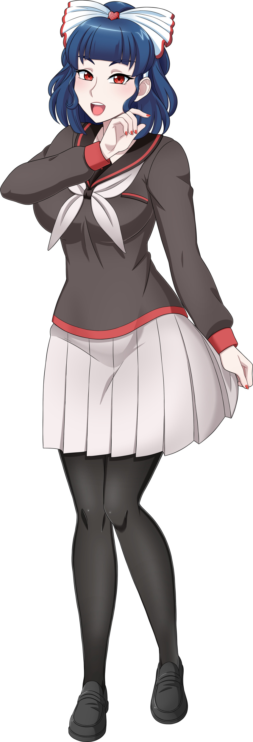 1girl, black_pantyhose, black_serafuku, black_shoes, blue_hair, bow, eyebrows, medium_hair, nail_polish, nose, official_art, open_mouth, pantyhose, red_eyes, red_nails, ribbon, ritsuko_chikanari, serafuku, shoes, skirt, standing, teeth, tongue, upper_teeth, upper_teeth_only, white_ribbon, white_skirt, yandere_simulator