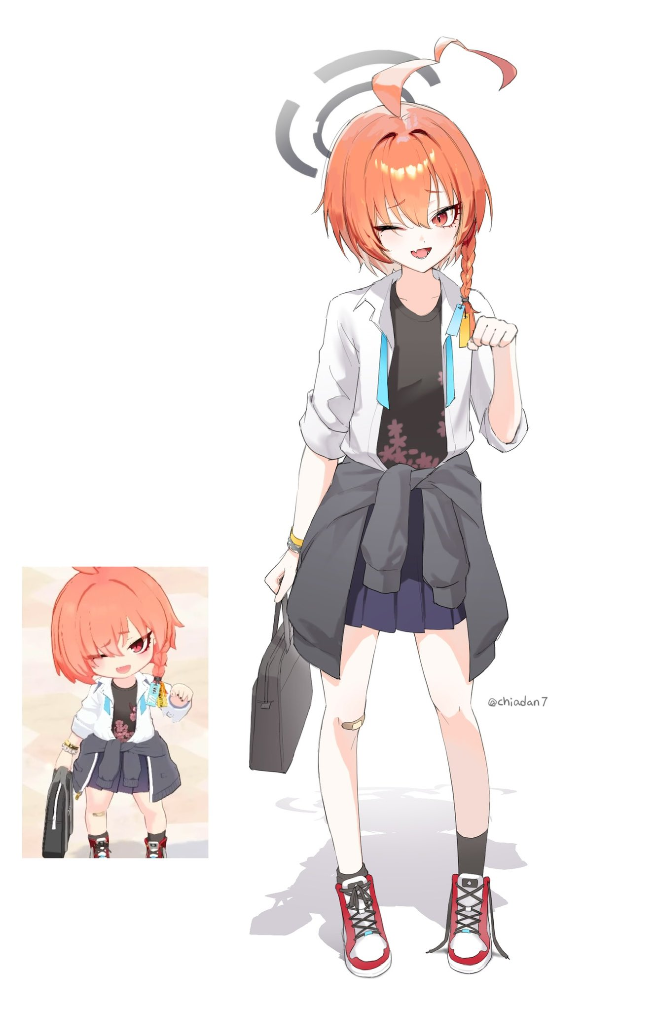 1girl, ;d, bag, bandaid, bandaid_on_knee, bandaid_on_leg, black_halo, black_shirt