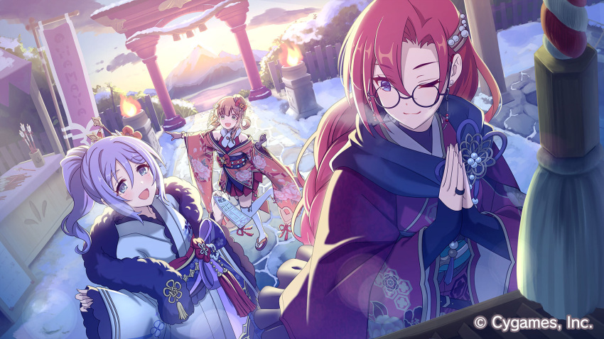 3girls, commentary_request, company_name, copyright_notice, cygames, english_text, furisode, glasses, hatsumoude, highres, japanese_clothes, kimono, labyrinth_(princess_connect!), labyrista_(princess_connect!), multiple_girls, new_year, official_alternate_costume, official_art, one_eye_closed, outdoors, princess_connect!, rino_(new_year)_(princess_connect!), rino_(princess_connect!), round_eyewear, shizuru_(new_year)_(princess_connect!), shizuru_(princess_connect!)