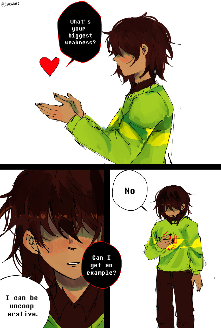 1other, absurdres, deltarune, english_text, feet_out_of_frame, from_side, green_sweater, hair_over_eyes, highres, kris_(deltarune), nebbeli, soul_(deltarune), speech_bubble, straight-on, sweater, utdr_(toby_fox), watermark, white_background