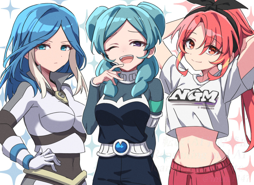 beta_(inazuma_eleven), black_eyes, blue_eyes, blue_hair, bodysuit, commentary_request, highres, inazuma_eleven_(series), inazuma_eleven_go, inazuma_eleven_victory_road, inzm1147, multicolored_hair, navel, open_mouth, red_eyes, red_hair, shinohara_raika, smile, two-tone_hair, urubida