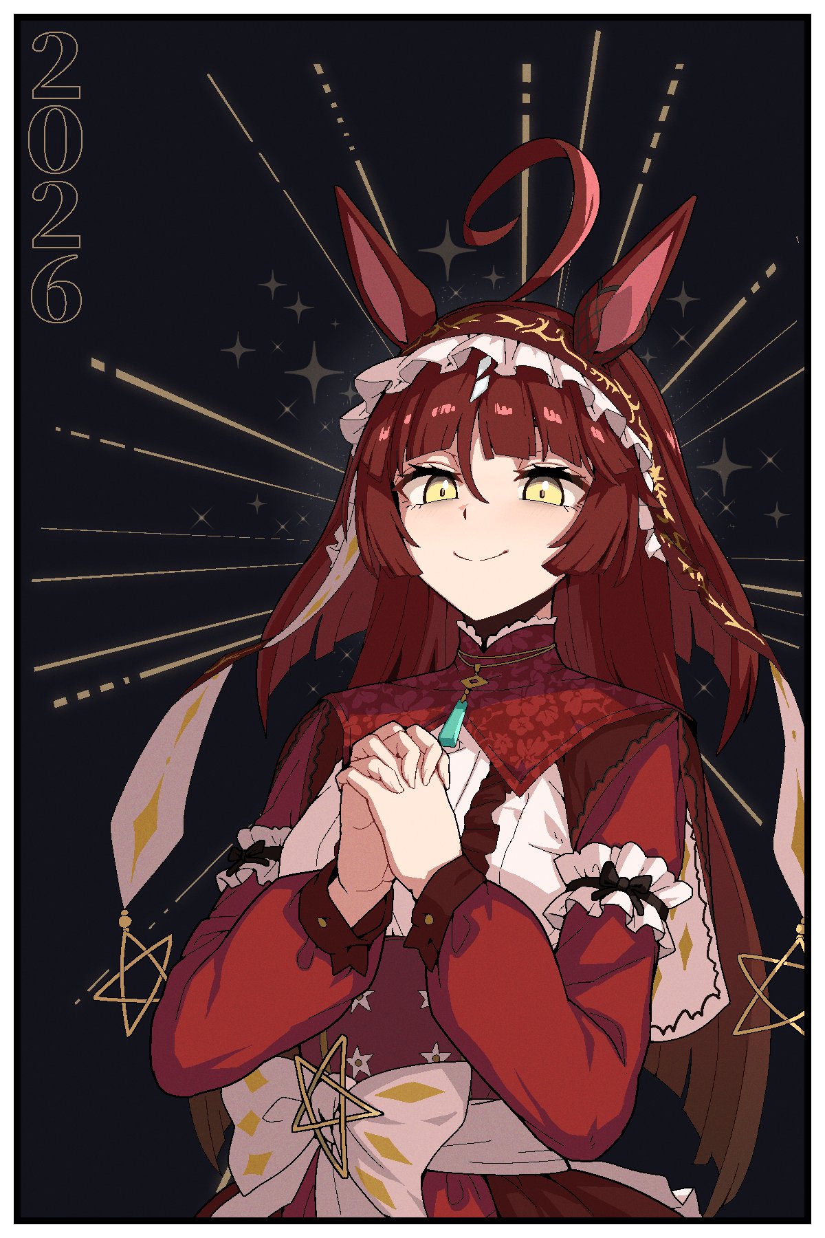 1girl, 2026, ahoge, animal_ears, blunt_bangs, blunt_ends, commentary_request, dress