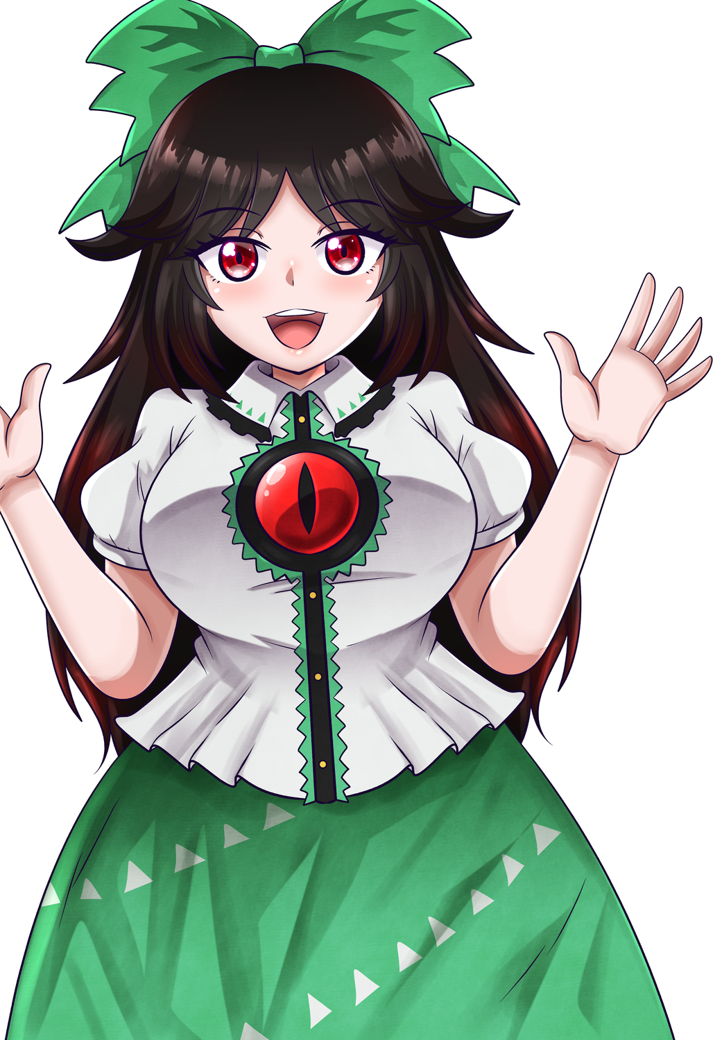 1girl, :d, bow, breasts, brown_hair, buttons, collared_shirt, commentary