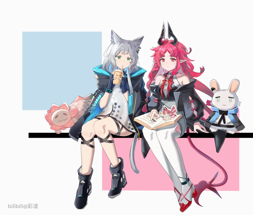 2girls, absurdres, animal_ear_fluff, animal_ears, ankle_boots, arknights, arm_cutout, bare_shoulders