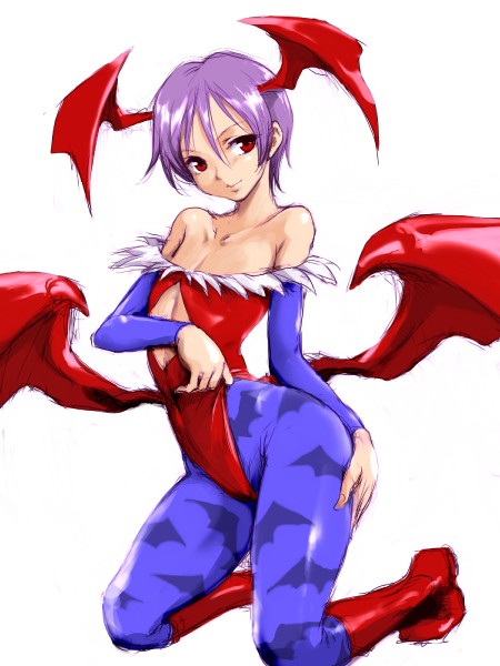 bat_wings, boots, capcom, detached_sleeves, flat_chest, head_wings, leotard, lilith_aensland, low_wings, pantyhose, print_pantyhose, purple_hair, red_eyes, short_hair, simple_background, solo, vampire_(game), wings, yotarou, yotarou_no_miso_nikomi