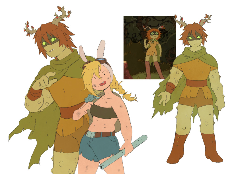 1boy, 1girl, adventure_time, adventure_time:_fionna_and_cake, animal_hood, colored_sclera, colored_skin, cosplay