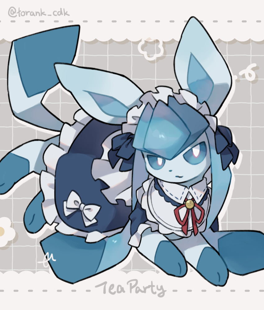 animal_focus, blue_eyes, bright_pupils, closed_mouth, clothed_pokemon, commentary_request, frills, glaceon, glaceon_(tea_party), highres, maid_headdress, no_humans, pokemon, pokemon_(creature), pokemon_focus, pokemon_unite, smile, solo, torank_cdk, twitter_username, white_pupils