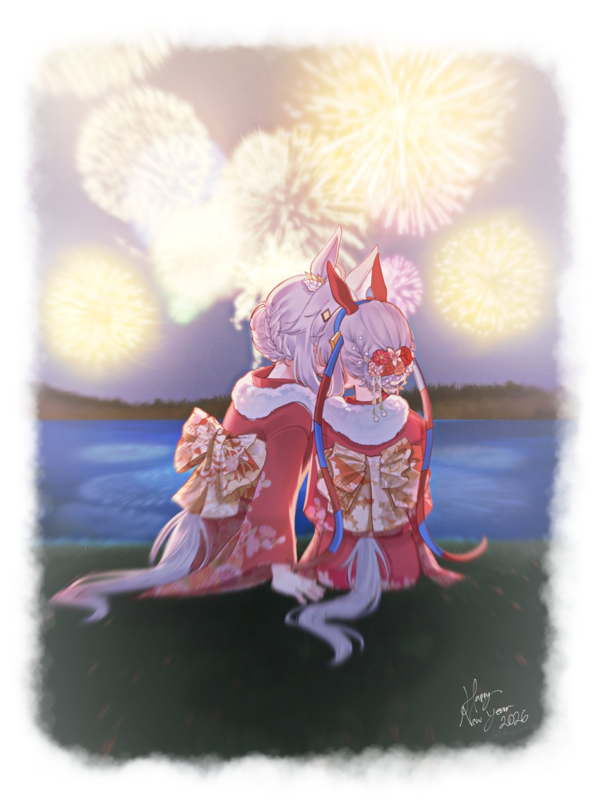2girls, aerial_fireworks, ahoge, animal_ears, blue_hairband, bow, braid, braided_bun